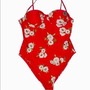 Forever 21 Red Floral one Piece Swimsuit w Push Up Bra Cups NWT size Large